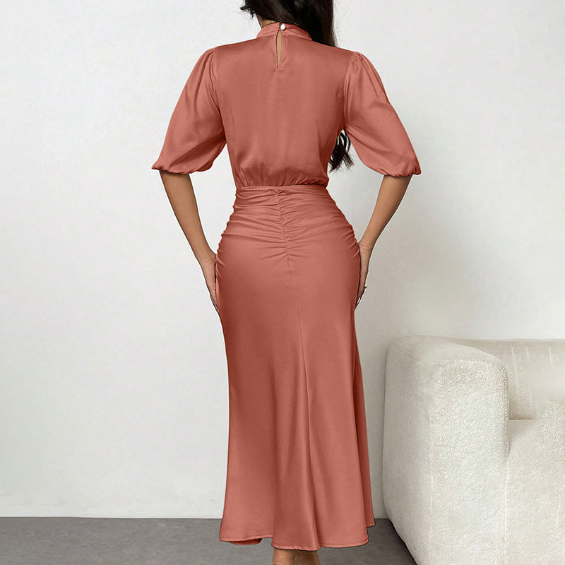 Mock Neck Ruche Midi Dress - Copper