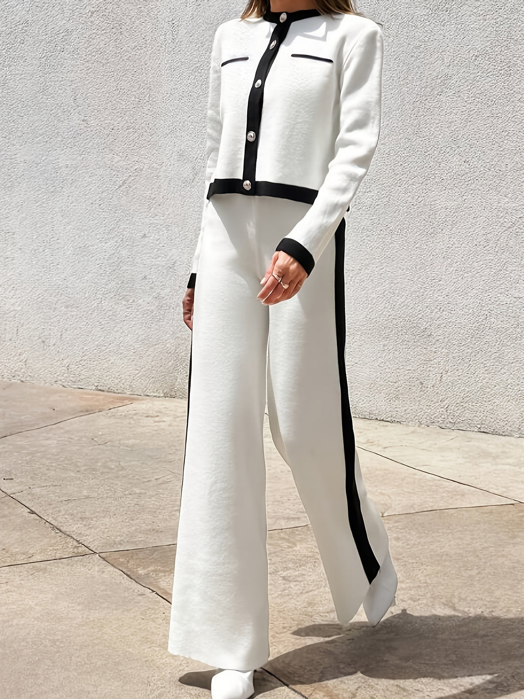 White Mid-Length Blazer and Wide-Leg Trouser Set with Black Trim