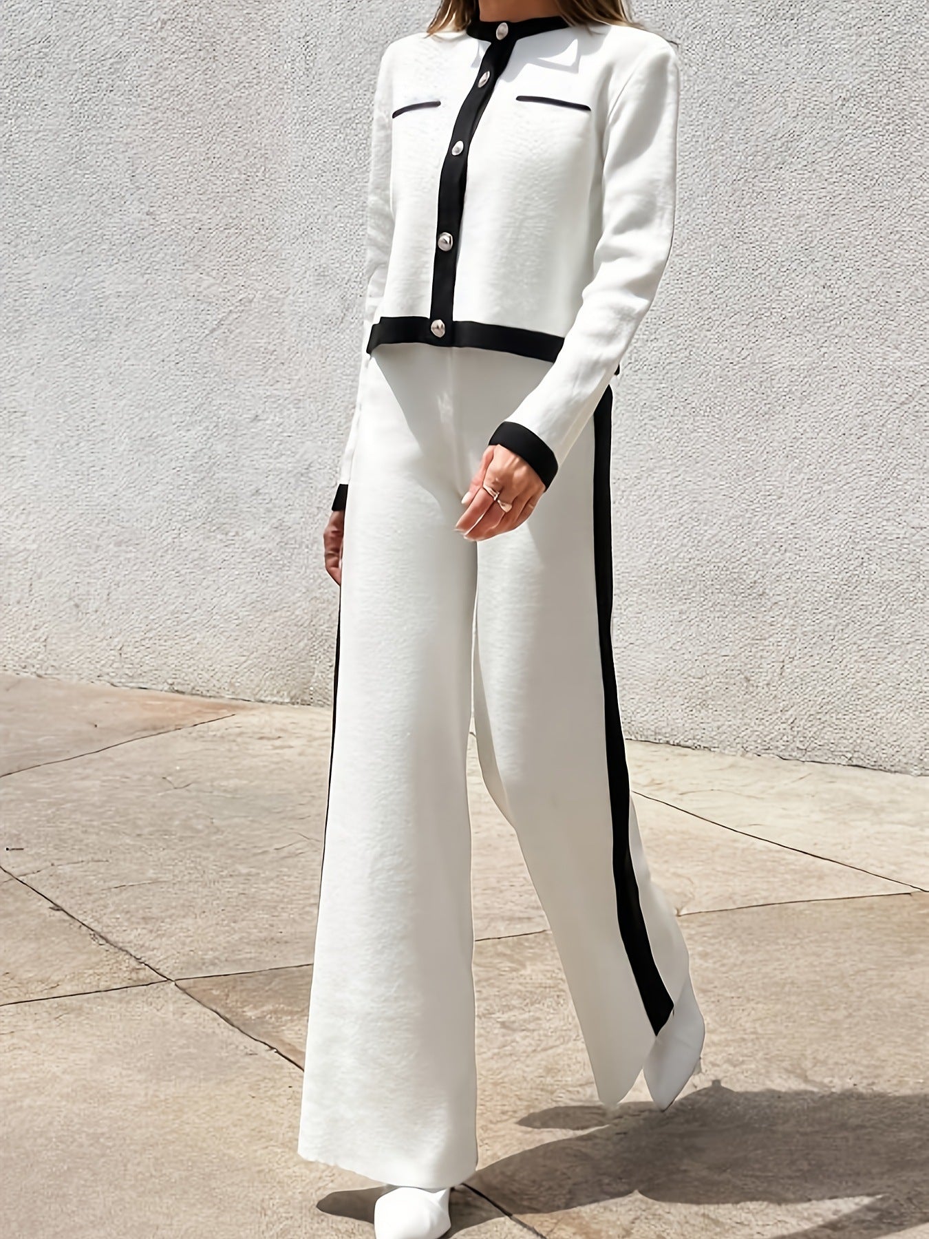 White Mid-Length Blazer and Wide-Leg Trouser Set with Black Trim