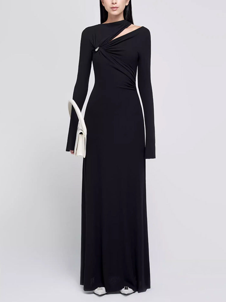 Asymmetrical Slim-Fit Long-Sleeve Maxi Dress - Black
