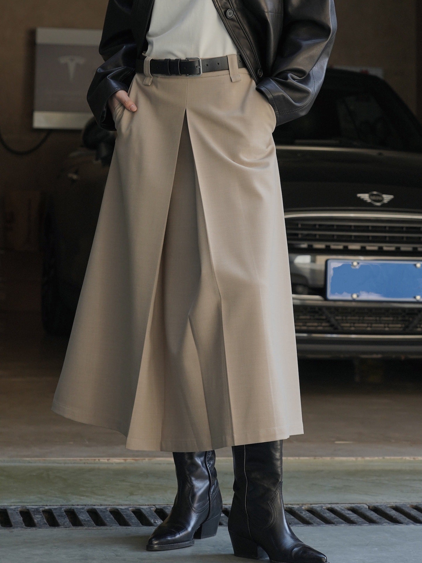 Retro A-Line Pleated Midi Skirt - Khaki