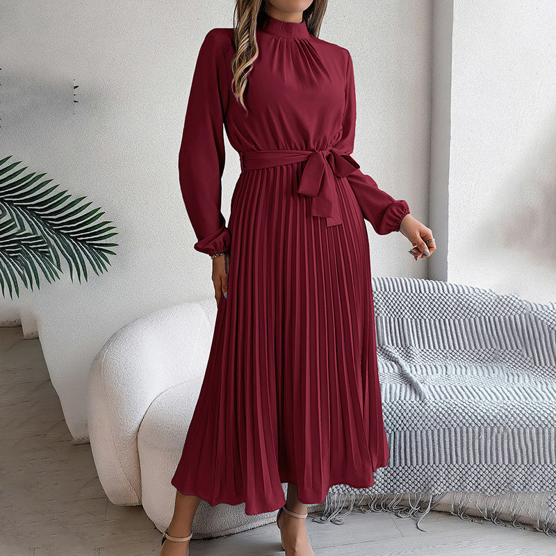 Pleated High-Neck Long Sleeve Maxi Dress - Wine