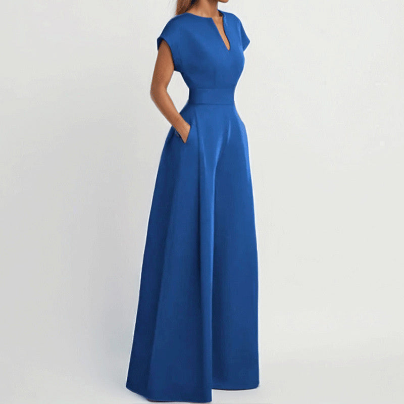 Chic Short-Sleeve Waist Tied Jumpsuit - Blue