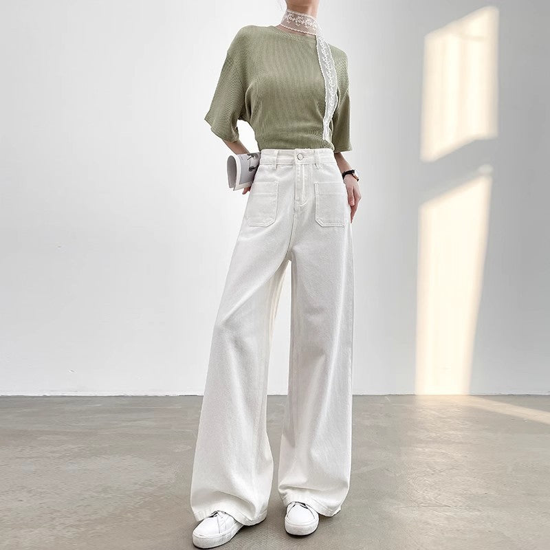 Sleek High-Waist Straight-Leg Denim Trouser Pants - White