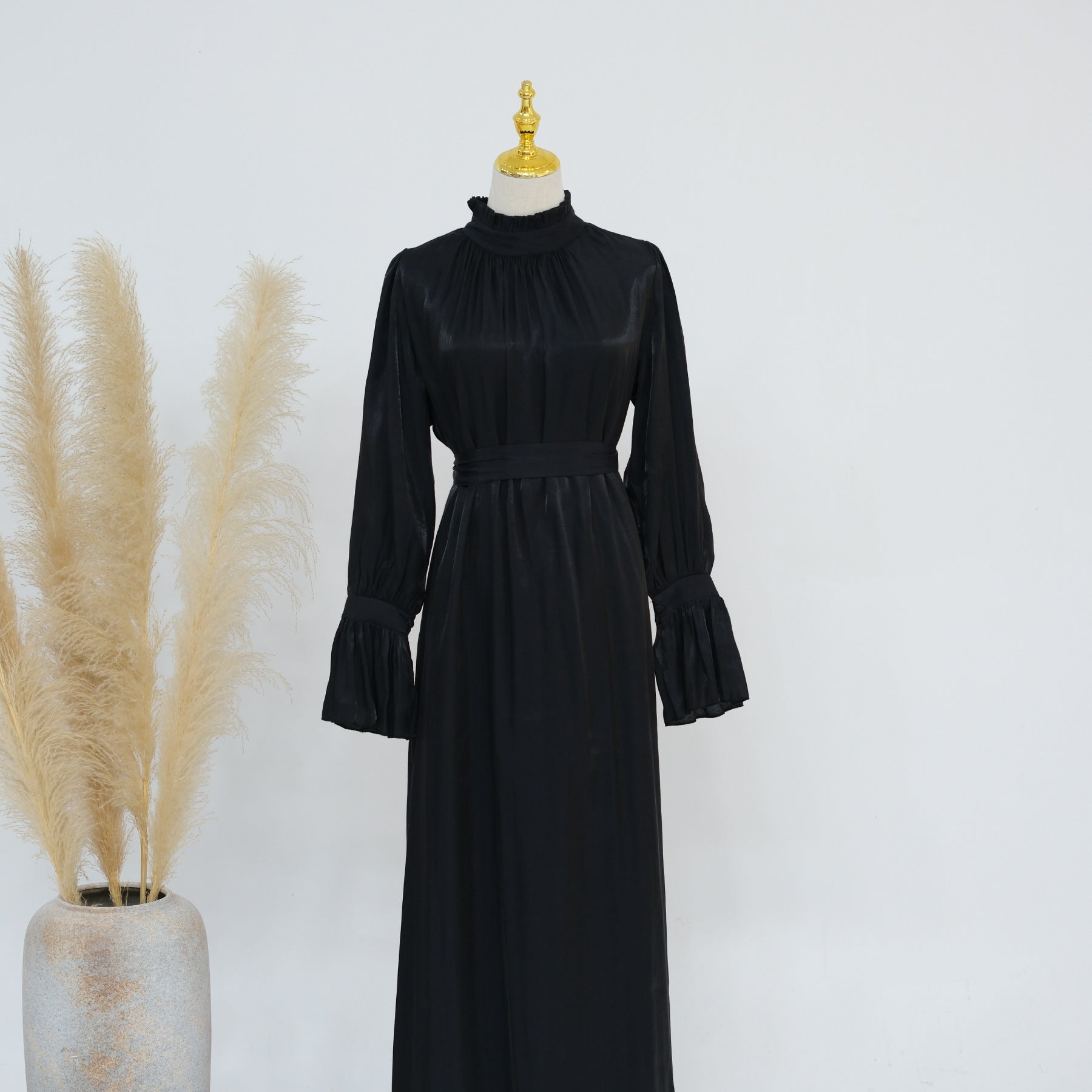 Glossy High-Neck Charmeuse Long-Sleeve Maxi Dress