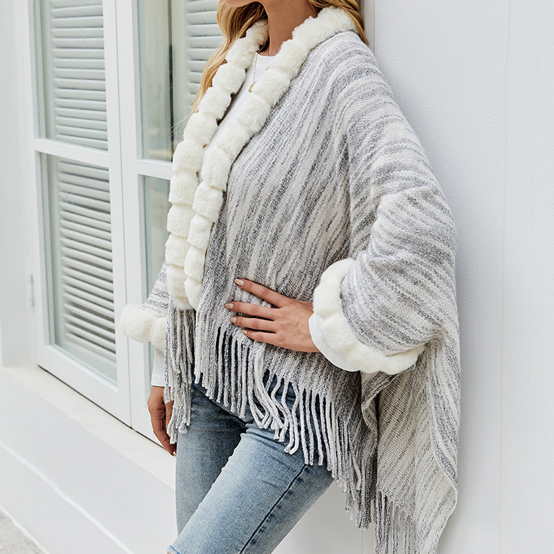 Striped Fringed Fur Collar Shawl