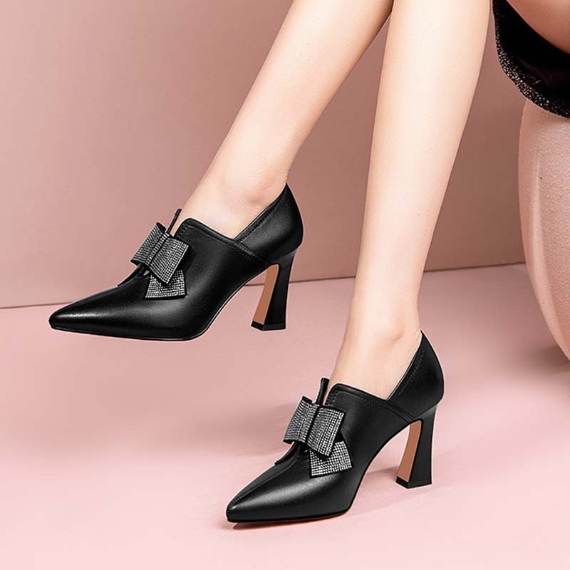 Rhinestone Bow Soft Leather Heels