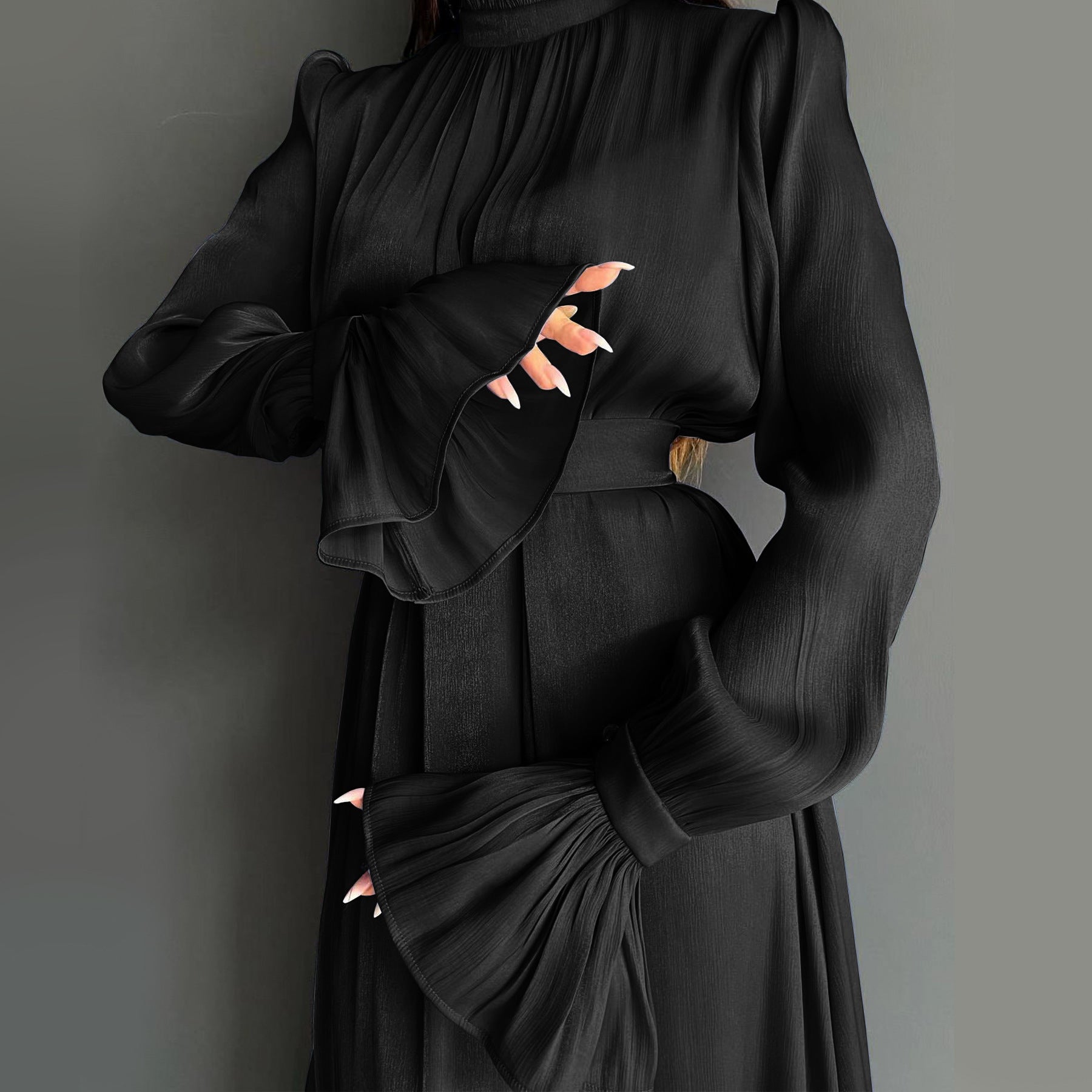Glossy High-Neck Charmeuse Long-Sleeve Maxi Dress