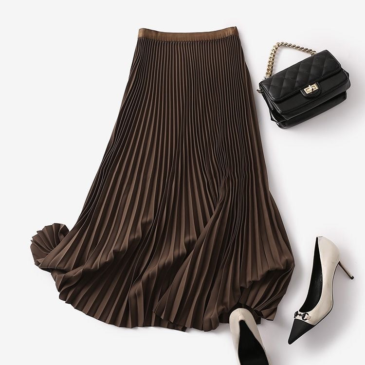 Pleated High-Waist Midi Swing Skirt - Cocoa Brown
