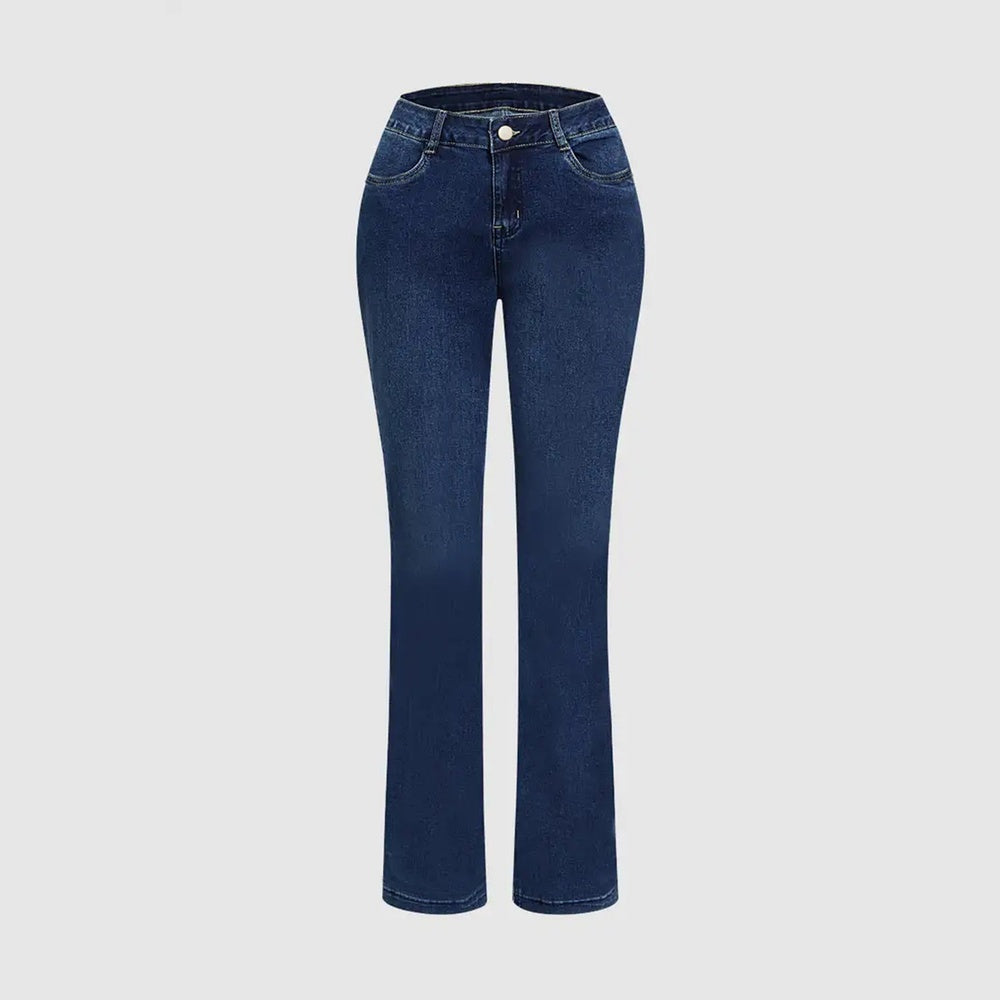 High-Waist Fold-Over Wide-Leg Jeans with Embroidered Pocket