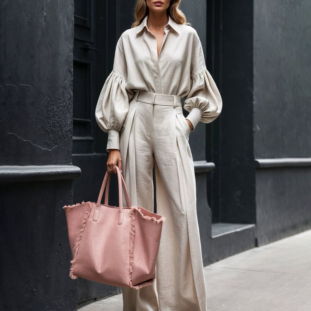 Linen Blend Wide Leg Pant Set Feat. Loose Fit Long-Sleeved Shirt