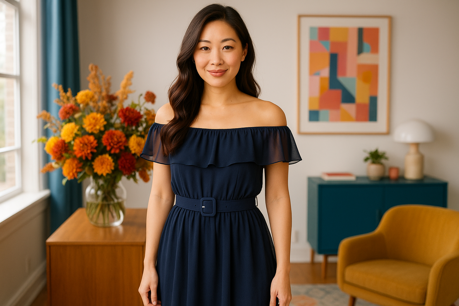 beautiful Asian American woman in a lovely navy blue belted off shoulder chiffon dress, in a well lit modern colorful room with lots of lovely decor, a bouquet of fresh fall-inspired flowers in the background