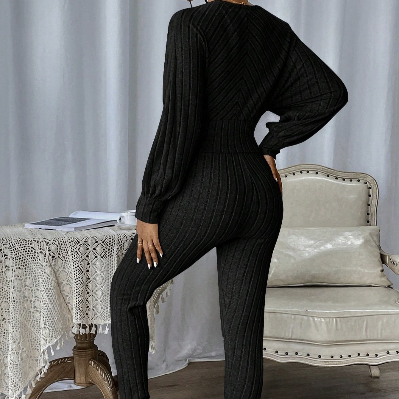 Lightweight Ribbed Knit Long Sleeve Jumpsuit