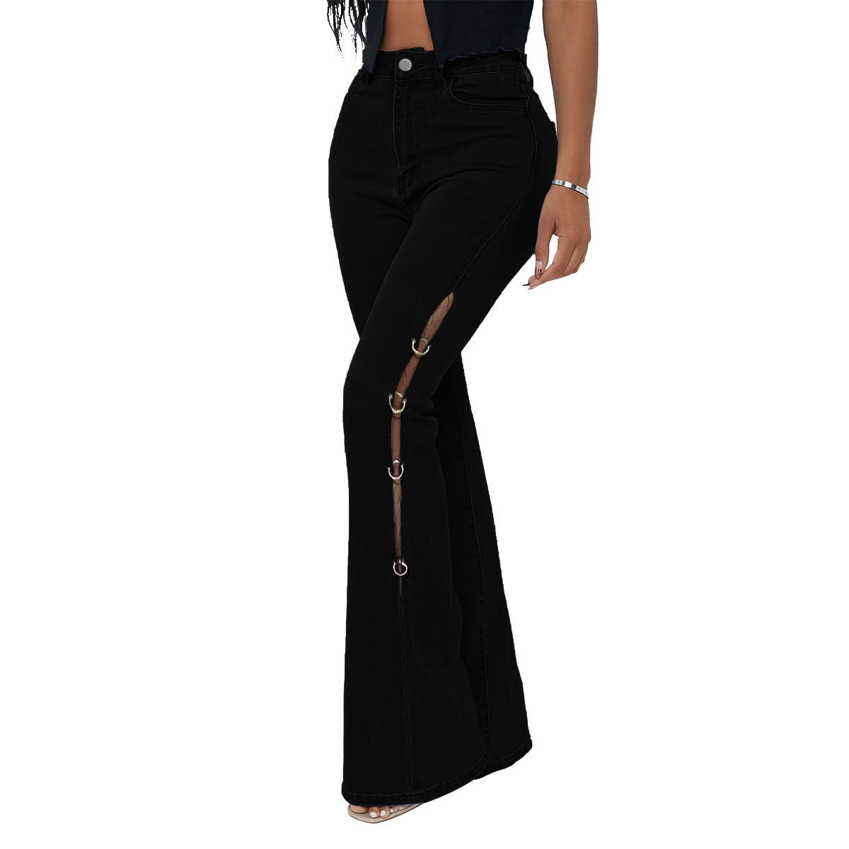 Distressed Flared Jeans with Metal Accents