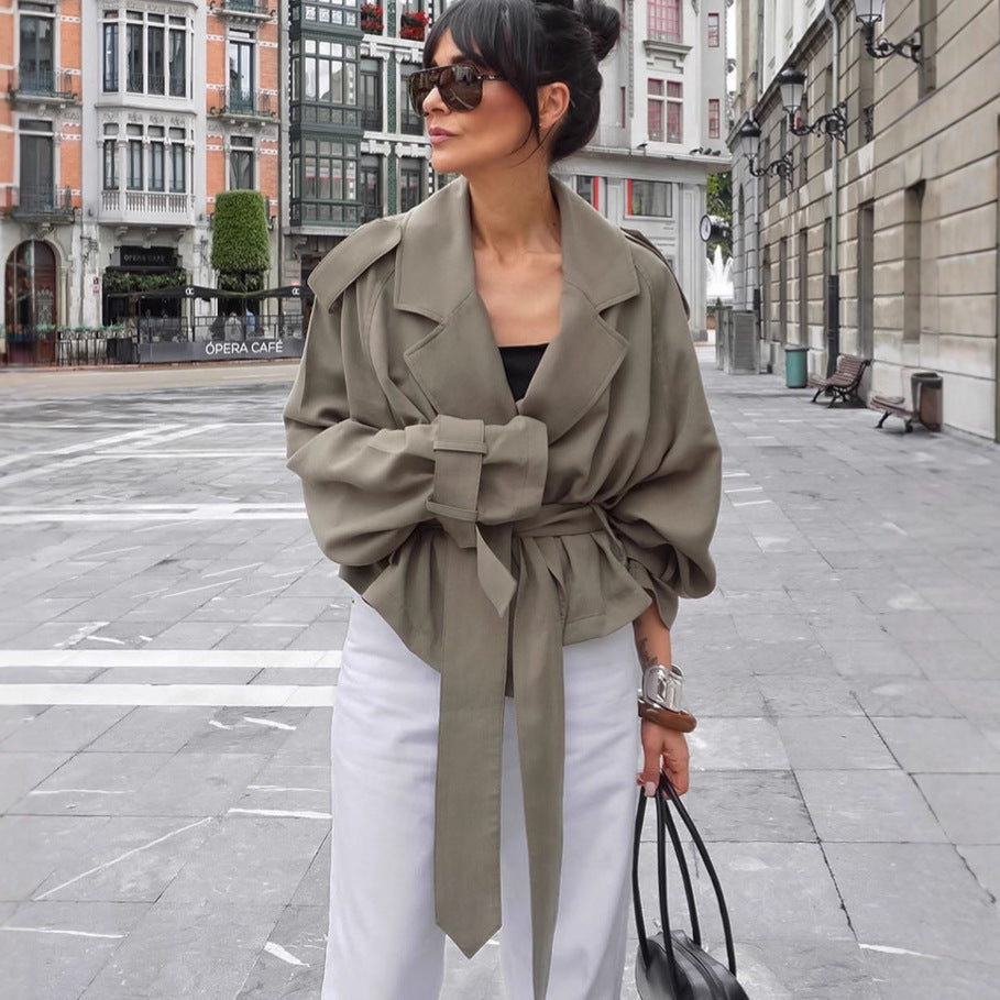 Short-Length Belted Trench Coat with Lapel