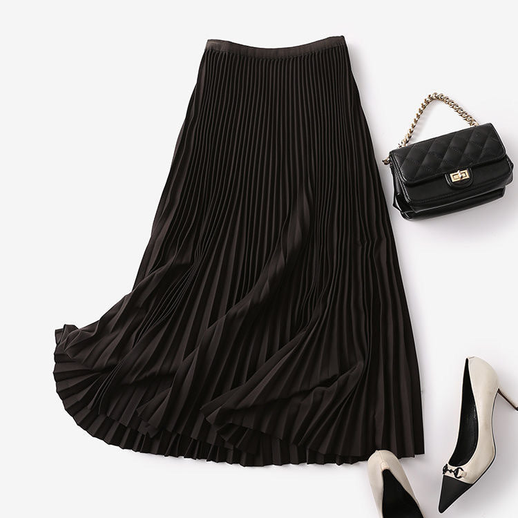 Pleated High-Waist Midi Swing Skirt - Black