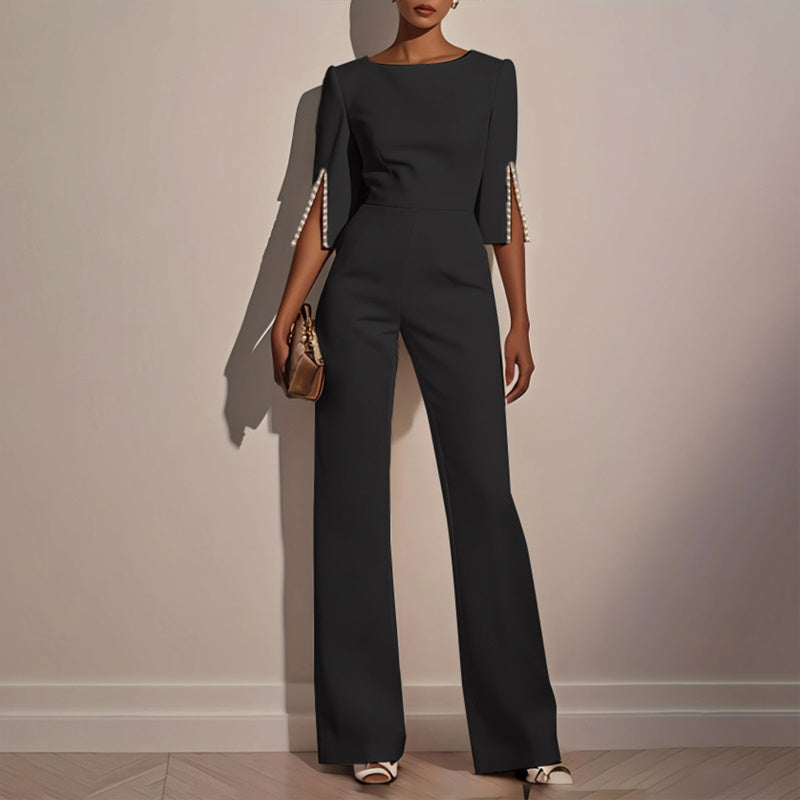 Mid-Sleeve Boat-Neck Dressy Jumpsuit - Black