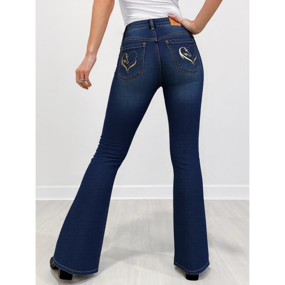 High-Waist Fold-Over Wide-Leg Jeans with Embroidered Pocket