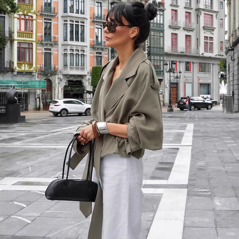 Short-Length Belted Trench Coat with Lapel