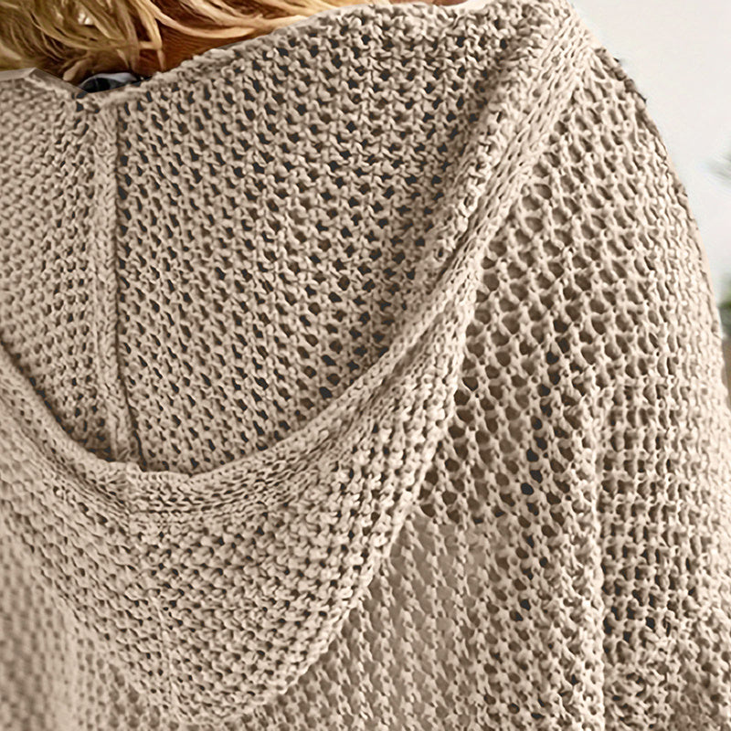 Long-Sleeve Pullover Knit Sweater with Hoodie - Khaki