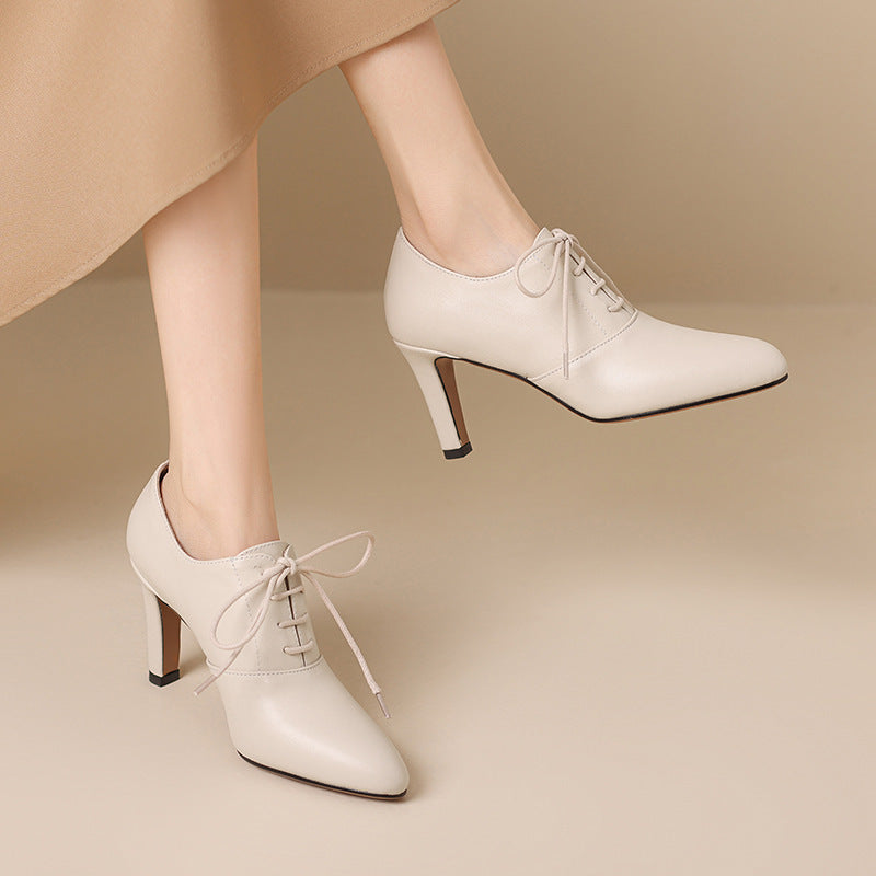 Lace-Up Mid-Heel Leather Pumps - Beige