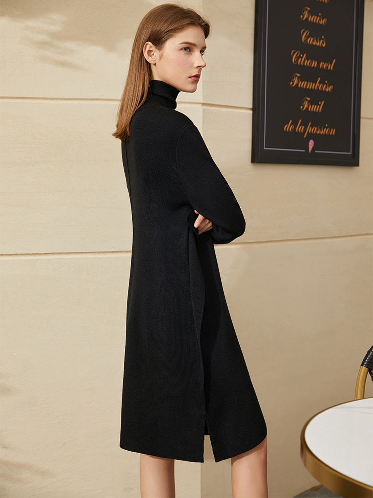 Mod High-Neck Loose Fit Sweater Dress - Black