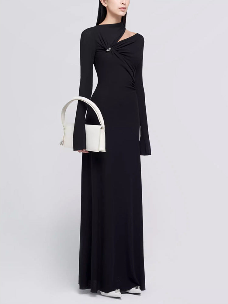 Asymmetrical Slim-Fit Long-Sleeve Maxi Dress - Black