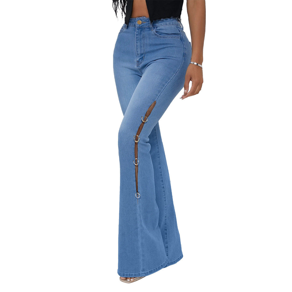 Distressed Flared Jeans with Metal Accents