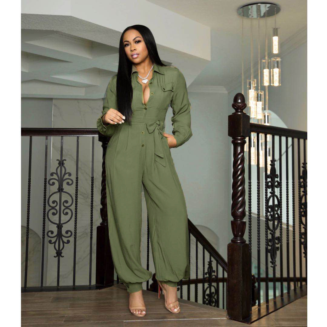 Single Breasted Long-Sleeve Belted Jumpsuit - Green