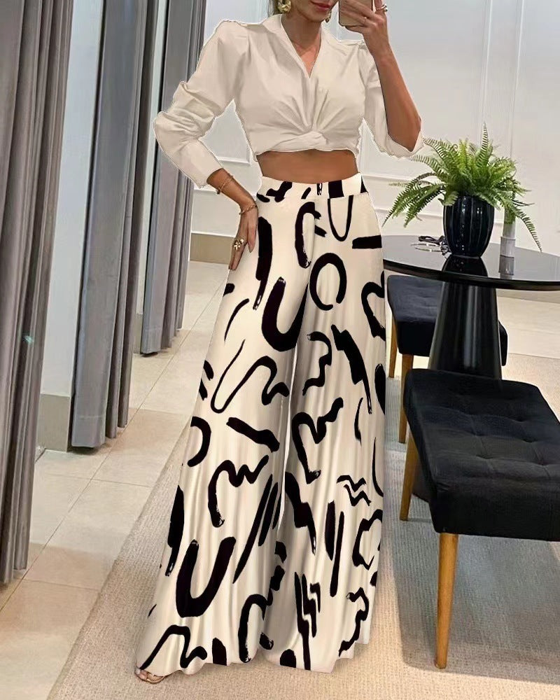 Printed Wide-Leg Palazzo Pants - Beige