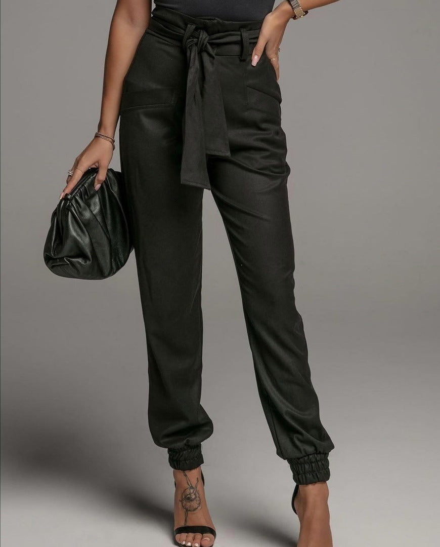 Tapered Leg Mid-Rise Belted Pants - Black
