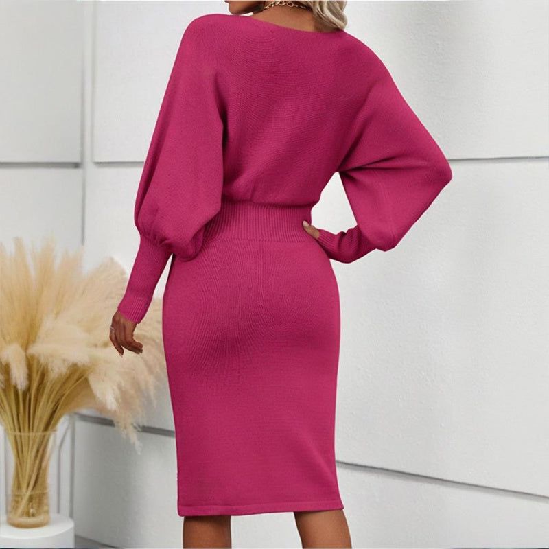 Round Neck Lantern Sleeve Knit Dress