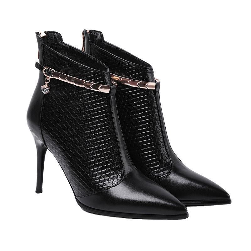 Vegan Leather Pointed Toe Stiletto Heel Zipper Ankle Boots - Black