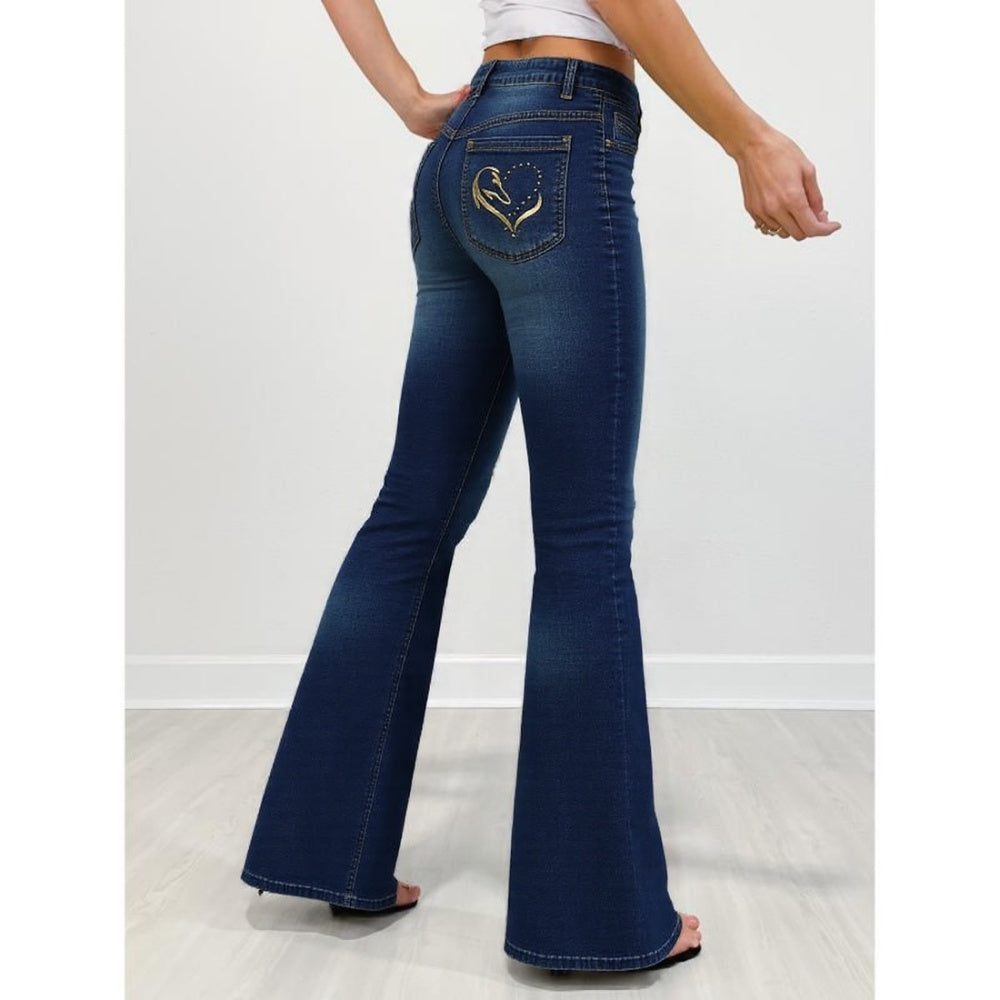 High-Waist Fold-Over Wide-Leg Jeans with Embroidered Pocket