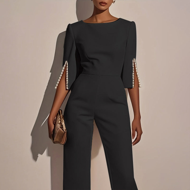 Mid-Sleeve Boat-Neck Dressy Jumpsuit - Black