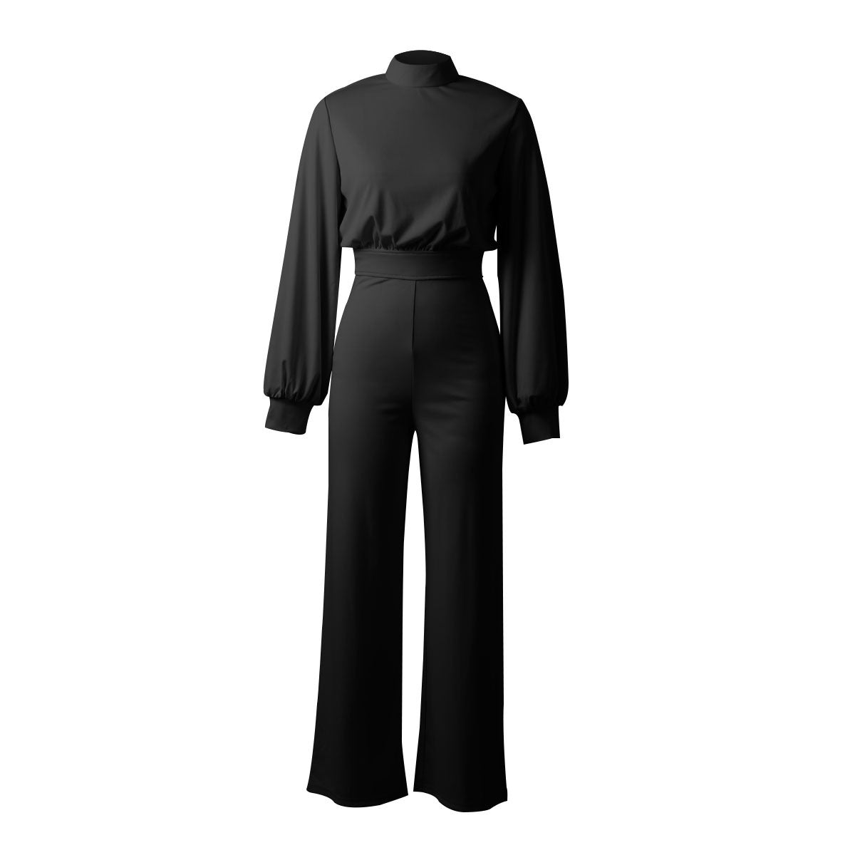 Backless High-Waist Turtleneck Jumpsuit - Black