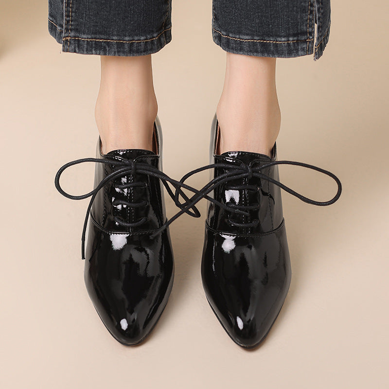 Lace-Up Mid-Heel Leather Pumps - Black