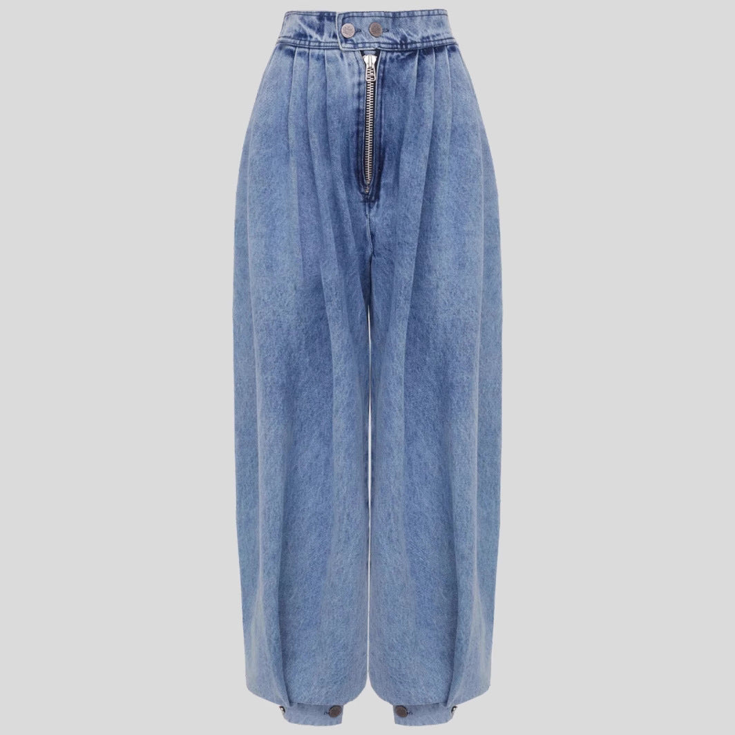 Denim High-Waist Zipper Barrel Balloon Jeans