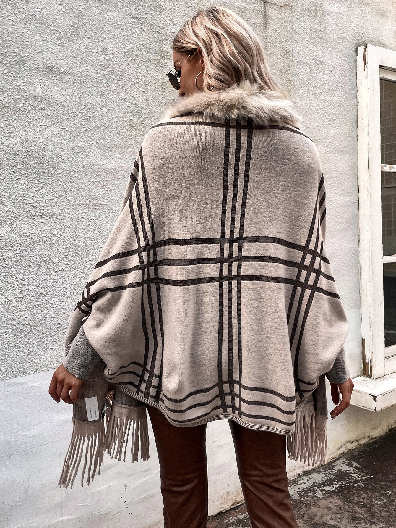 Mosaic Plaid Fur Collared Shawl