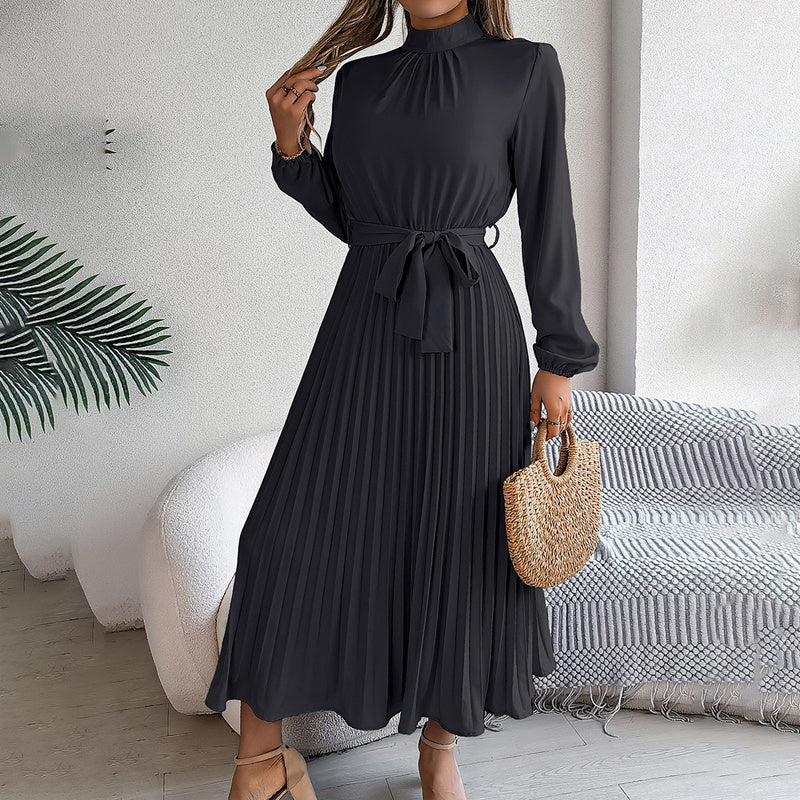 Pleated High-Neck Long Sleeve Maxi Dress - Black