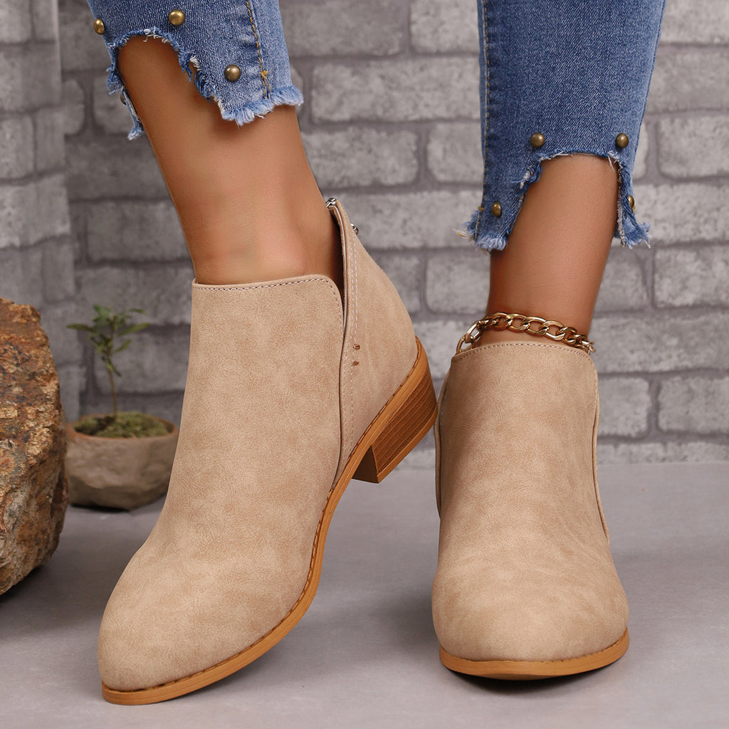 Chunky Heel V-Cut Suede Ankle Boots - Khaki