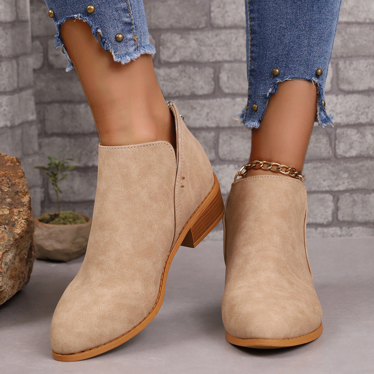 Chunky Heel V-Cut Suede Ankle Boots - Khaki