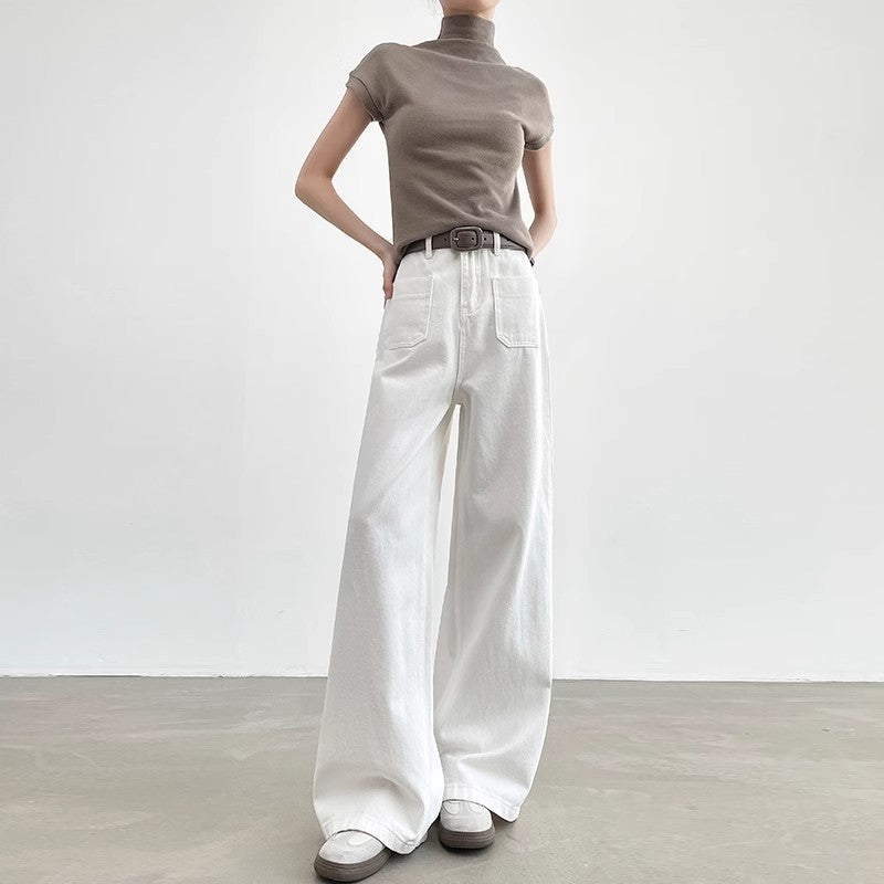 Sleek High-Waist Straight-Leg Denim Trouser Pants - White