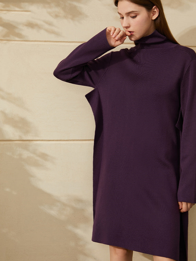 Mod High-Neck Loose Fit Sweater Dress - Deep Purple