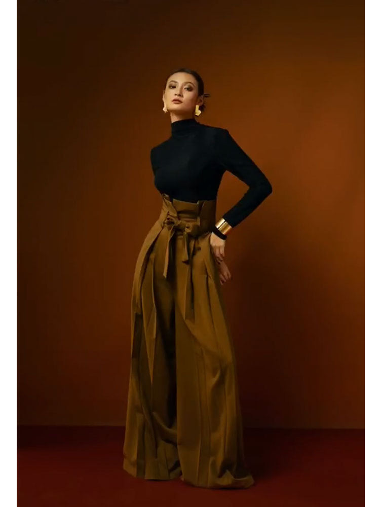 High-Waist Straight Wide Leg Pants - Honey