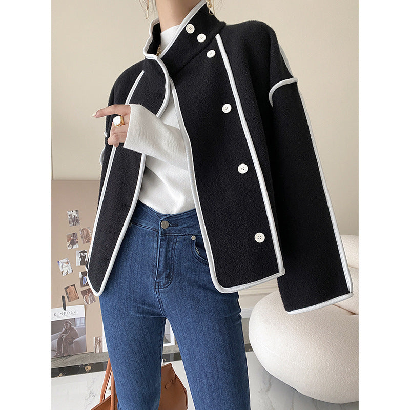 Double-Breasted Coat with Contrasting Trim and Stand-Up Collar