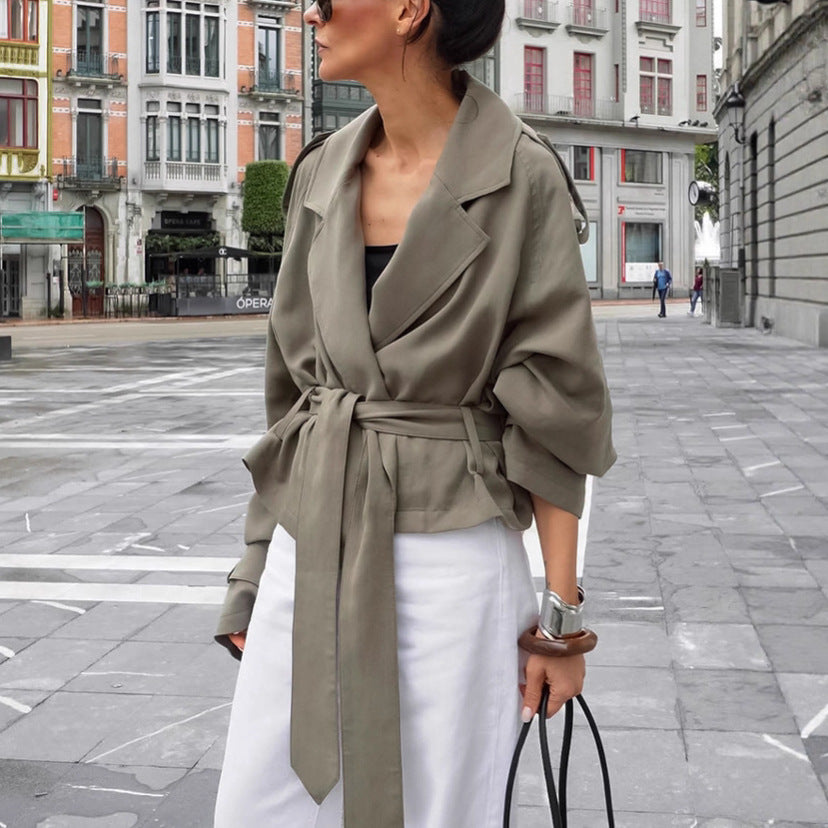 Short-Length Belted Trench Coat with Lapel