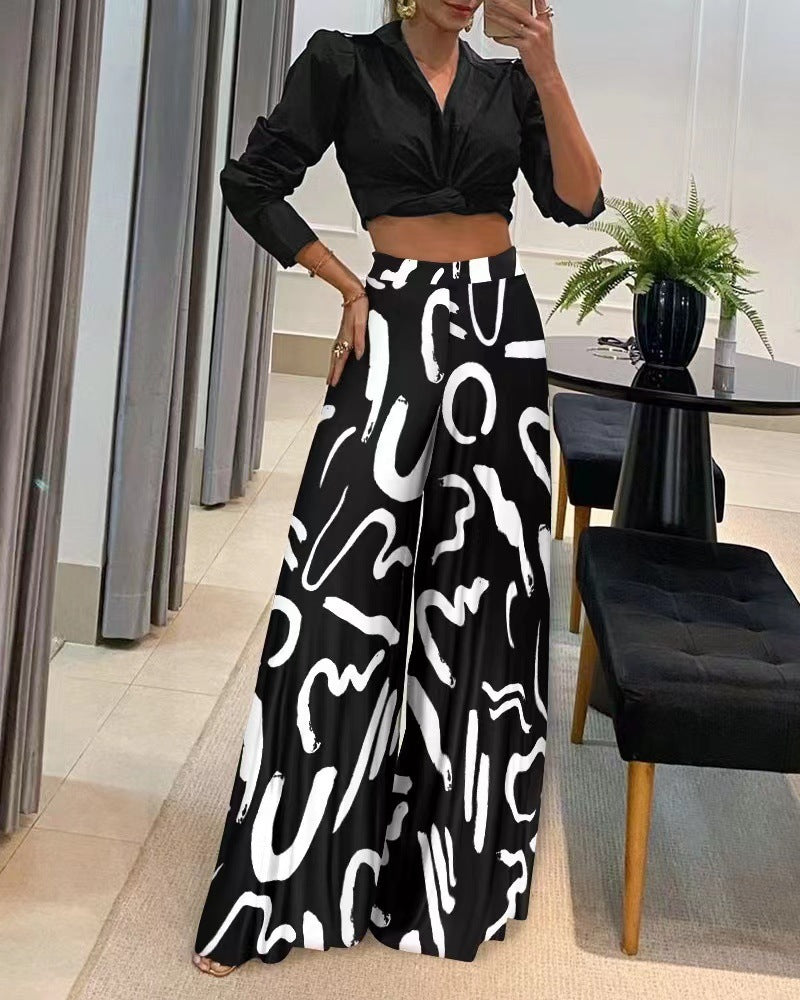 Printed Wide-Leg Palazzo Pants - Black
