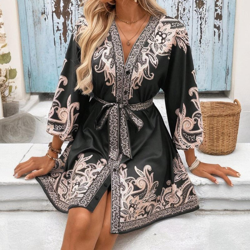 Floral Print V-Neck Wrap Waist Belted Dress - Black
