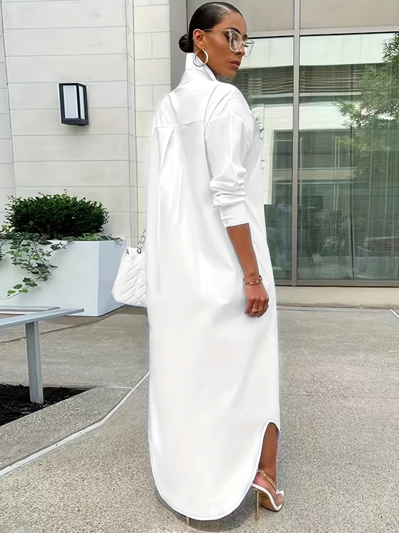 Sculpted Button Design Long Sleeve Longline Shirt - White